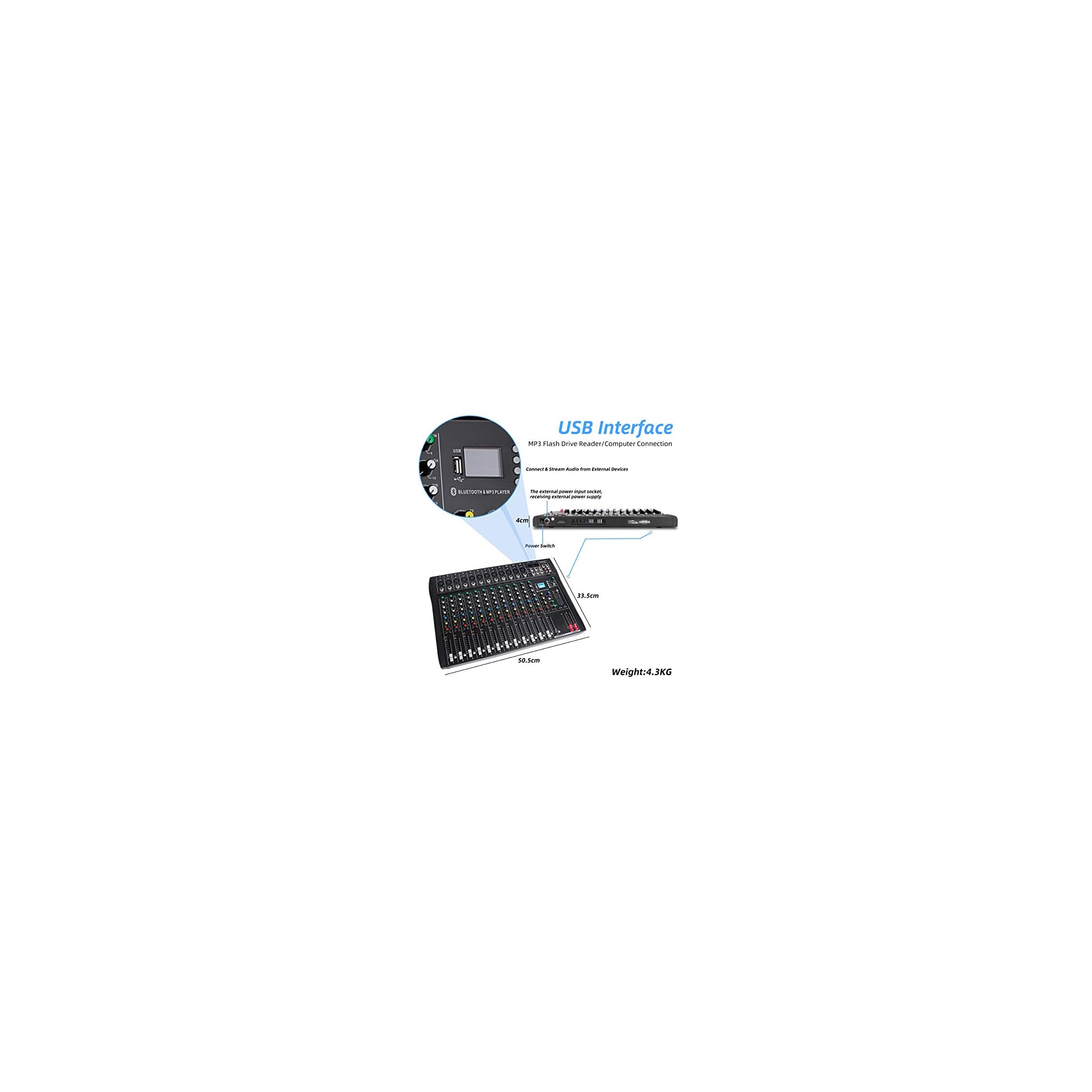 Depusheng DX12 DJ-geluidscontroller-interface met USB-drive voor computeropname 12-kanaals studio-audiomixer - XLR-microfoonaansluiting, 48V- voeding, RCA-ingang/uitgang
