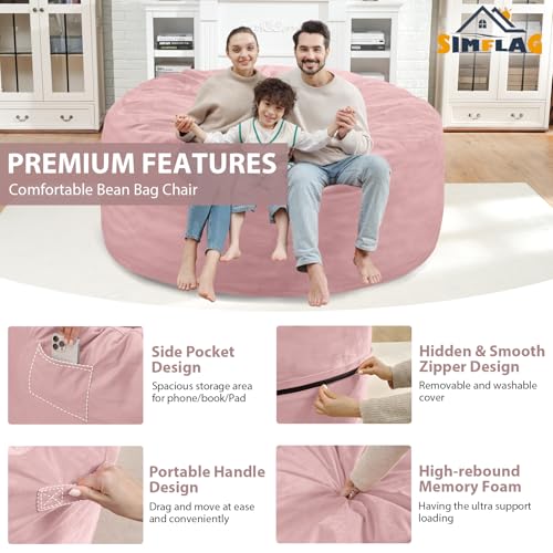5FT Bean Bag Chair, Large Bean Bag Chairs with Memory Foam Filled, Fluffy Beanbag Sofa with Dutch Velvet Cover, Round BeanBag Chairs for Living Room, Playroom - Light Pink