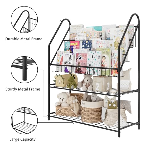 Black Bookcase for Children Metal Kids Bookshelves Modern Minimalist Toy Storage Large Bookshelf for Bookstore Bedroom, Classroom Furniture, Living, Library, Book Display Rack - Image 6