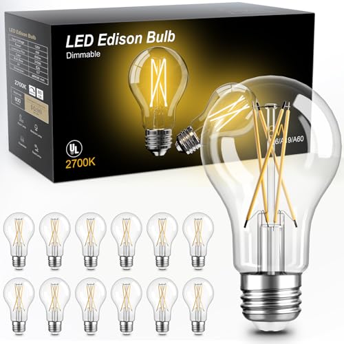 TJOY 12 Pack A19 Vintage LED Edison Bulbs, Dimmable, 60W Equivalent, High Brightness 2700K Warm White, 8W E26 Standard Base, 800 Lumens, CRI80+, Clear Glass Filament Bulb for Home, Farmhouse