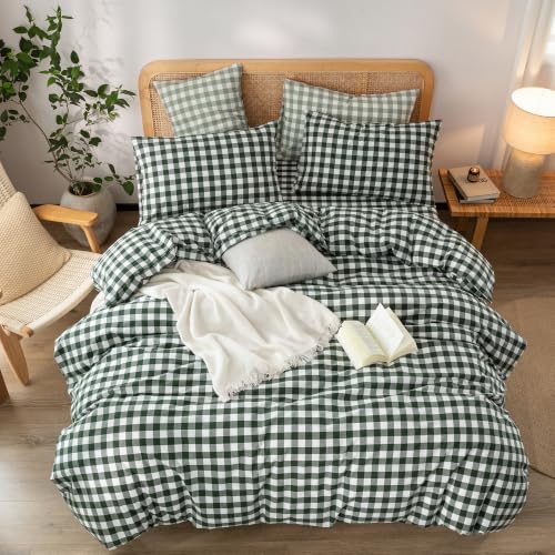 Image of BESTOUCH Gingham Cotton Duvet Cover Set Green Super King | Washed Cotton, Linen Feel, Soft Wrinkle Texture, Hidden Zipper, 8 Ties, Breathable Lightweight Durable Comfy, 3 Pcs No Insert
