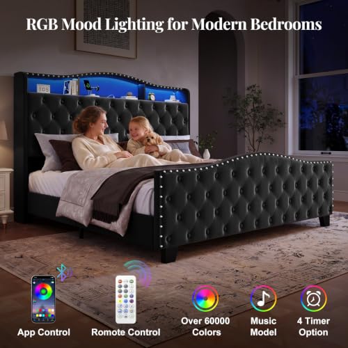 Uteeran Upholstered King Size Bed Frame with LED Lights & Charger, Black - image 4