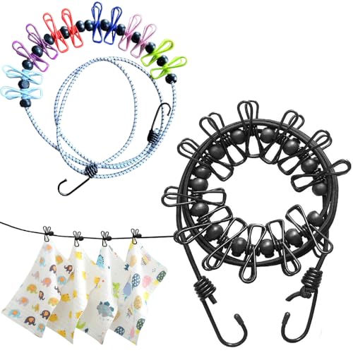 Portable Washing Line, Pack of 2 Travel Clotheslines, Elastic Travel Clothesline, Camping Clothesline, Camping Accessories for Camping, Travel, Laundry, Drying, Outdoor (Black + White)