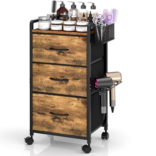 Salon Station for Hair Stylist Rolling Salon Trolley Cart with Wheels Beauty Barber Station with Metal Tool Holder & 3 Fabric Drawer Mobile Storage Cabinet for Barbershop Spa&Tattoo Rustic Brown