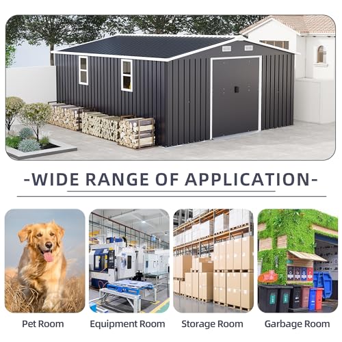 Image of KEIKI 10' x 12' Metal Garden Storage Shed with Foundation Kit, Double Door Outdoor Tool Shed with 2 Windows, Color Steel Construction, Dark Gray