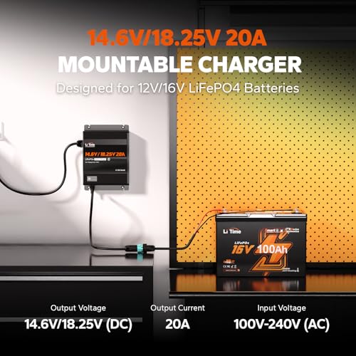 Image of LiTime 12V /16V 20A LiFePO4 Battery Charger, IP65 Waterproof, AC-DC Charge