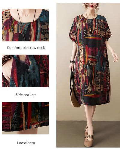 Image of LUZU JUNU Women's Summer Baggy Plus Size Loose Cotton Linen Long Boho Beach Dress with Pockets