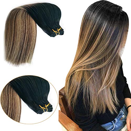 Human Hair Weave Bundles Straight Real Hair Sew In Extensions Double Weft Ombre Balayage Highlights Hair Color Black Roots Fading to Cheust Brown and Honey Blonde 100g 18Inch