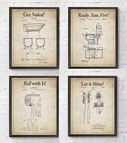 Bathroom Patent Wall Art Prints with Slogans, Set of 4, Unframed, Vintage Toilet