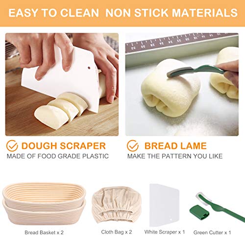 Gifort 2 Pezzi Cestino da Lievitazione per Pane 28x14x8cm, Cesto Lievitazione Pan Ovale 750g in Rattan Naturale con Tela di Lino, Raschietto Pasta e Lame Taglierina Pane