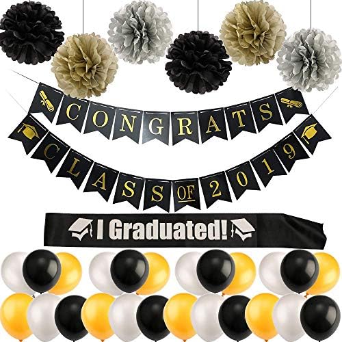 Congrats Class of 2019 Banner, Graduation Party Supplies, Graduation Banner, Graduated Sash,6 pom poms Flowers, 24 Graduate Balloons