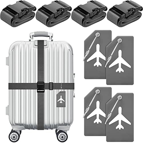 Image of Weewooday 8 Pcs Luggage Straps Suitcase Tags Set for TSA Approved, 4 Travel Adjustable Suitcase Belt, 4 Silicone Luggage Tags with Name ID Card Travel Accessories(Dark Gray,Airplane)