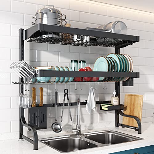 MAJALiS Over Sink Dish Drying Rack, Large 3 Tier 304 Stainless Steel Dish Drainer Organizer for Kitchen Shelf, Expandable Above Sink Storage Organization (Black - Length Adjustable 25.5"-35.5") 1 512diyYBzfL