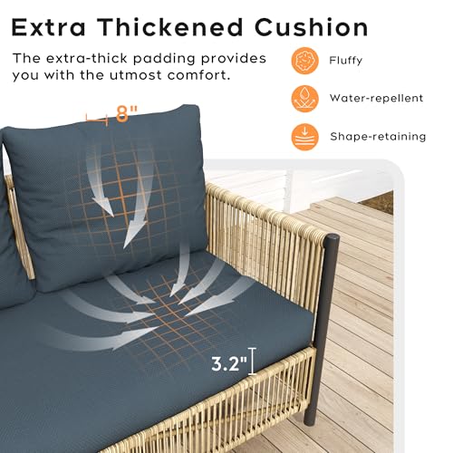 Image of Aluminum Outdoor Patio Furniture Set - 2 Pcs Armchair, Loveseat & Dual-Layer Coffee Table - Rope Sectional Conversation Sofa Sets with Washable Thick Cushion for Garden /Backyard /Porch