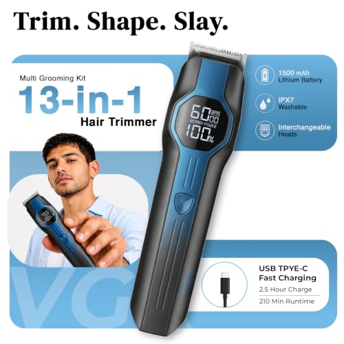 Image of VGR V-173 Professional Multi Grooming Kit for Men, 6-in-1 Trimmer with Shaver, Nose, Ear & Body Groomer, IPX7 Waterproof, Zoom Wheel Comb, LED Display, 210 Min Runtime, 2-Year Warranty- Blue