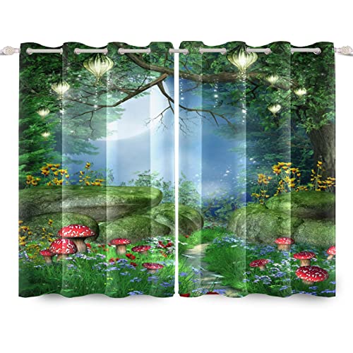 SDOTPMT 117x138cm Magic Forest Window Curtains Fairytale Mushroom Lantern Green Grass Window Drapes Flower Jungle Natural Window Treatment for Kids Living Room Bedroom Blackout Curtain - Image 3
