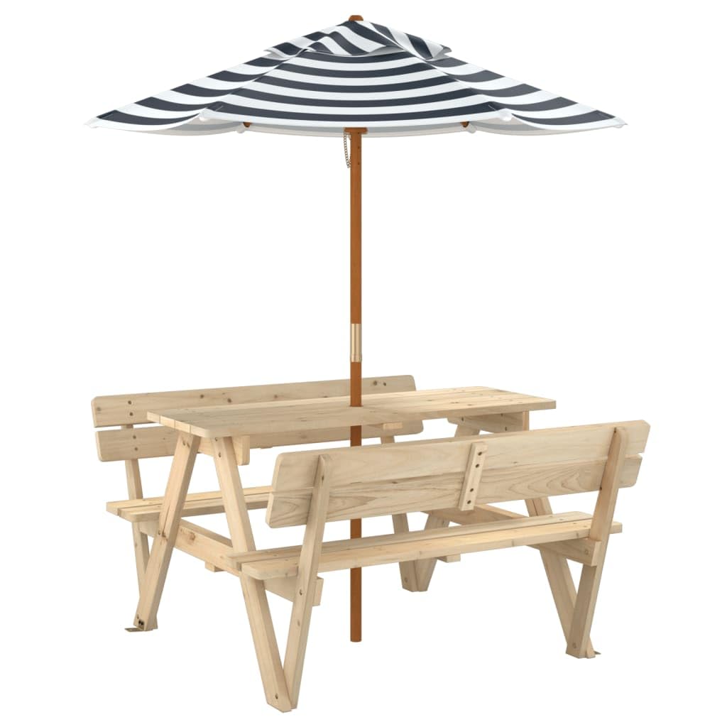 Tavolo da picnic per 4 bambini con ombrellone in legno di abete massiccio, tavolo da giardino per terrazza e balcone, tavolino stabile per mangiare, barbecue, feste e campeggio