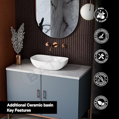 Image of Table Top Ceramic Wash Basin For Bathroom | Rectangular Counter Top Bathroom Sink, Premium Glossy White Above Counter Vanity Basin, Modern Design (18 x 13 x 5.5 Inch)