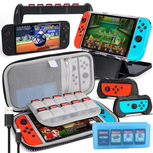 SIKEMAY Switch Case Accessories Bundle Compatible with Nintendo Switch OLED 10 in 1 Carrying Case Includes Screen Protector, Console Grip, Clear Cover, Game Storage, Adjustable Stand and More