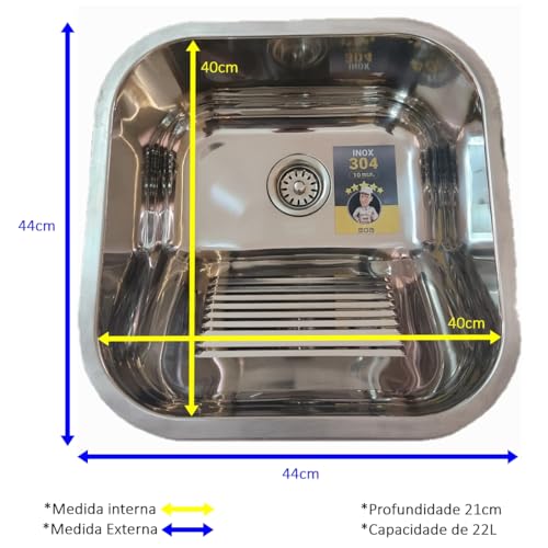Tanque de Aço Inox 304 Dotec, 40x40x21 cm, com Válvula e Sifão Flexível