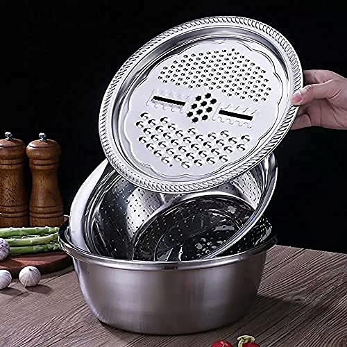Akiba store Stainless Steel Mirror Finish 3-in-1 Multipurpose Drain Basket- Grater- Basin Bowl; Vegetable Slicer For Kitchen Cutting|for Fruits And Other Items|Outer Diameter- 26 Cm,Silver 3