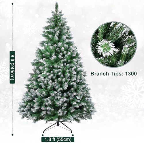 Christmas Tree 7FT/8FT Artificial Tree with Pine Cone and Red Fruit, Foldable Metal Stand for Holiday Christmas Decoration (Green+White, 8FT)