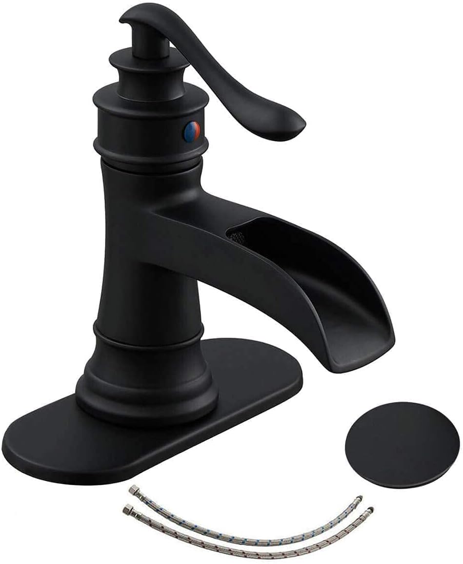 Homevacious Kitchen Sink Faucet with Pull Out Sprayer 3 Spray Modes Matte Black Single Handle Singe Lever Bundle Bathroom Faucet Waterfall Single Handle Single Hole Lavatory Faucet