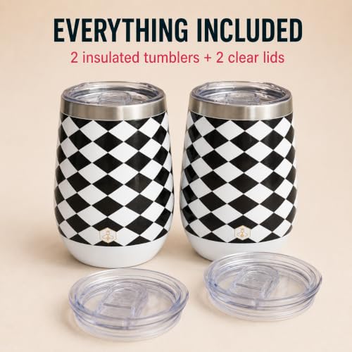 Image of Biddlebee 12 oz Insulated Stemless Wine Tumblers with Lids, Set of 2 | Stainless steel, keeps drinks hot or cold for hours; unbreakable outdoor and travel wine glasses; gift for women
