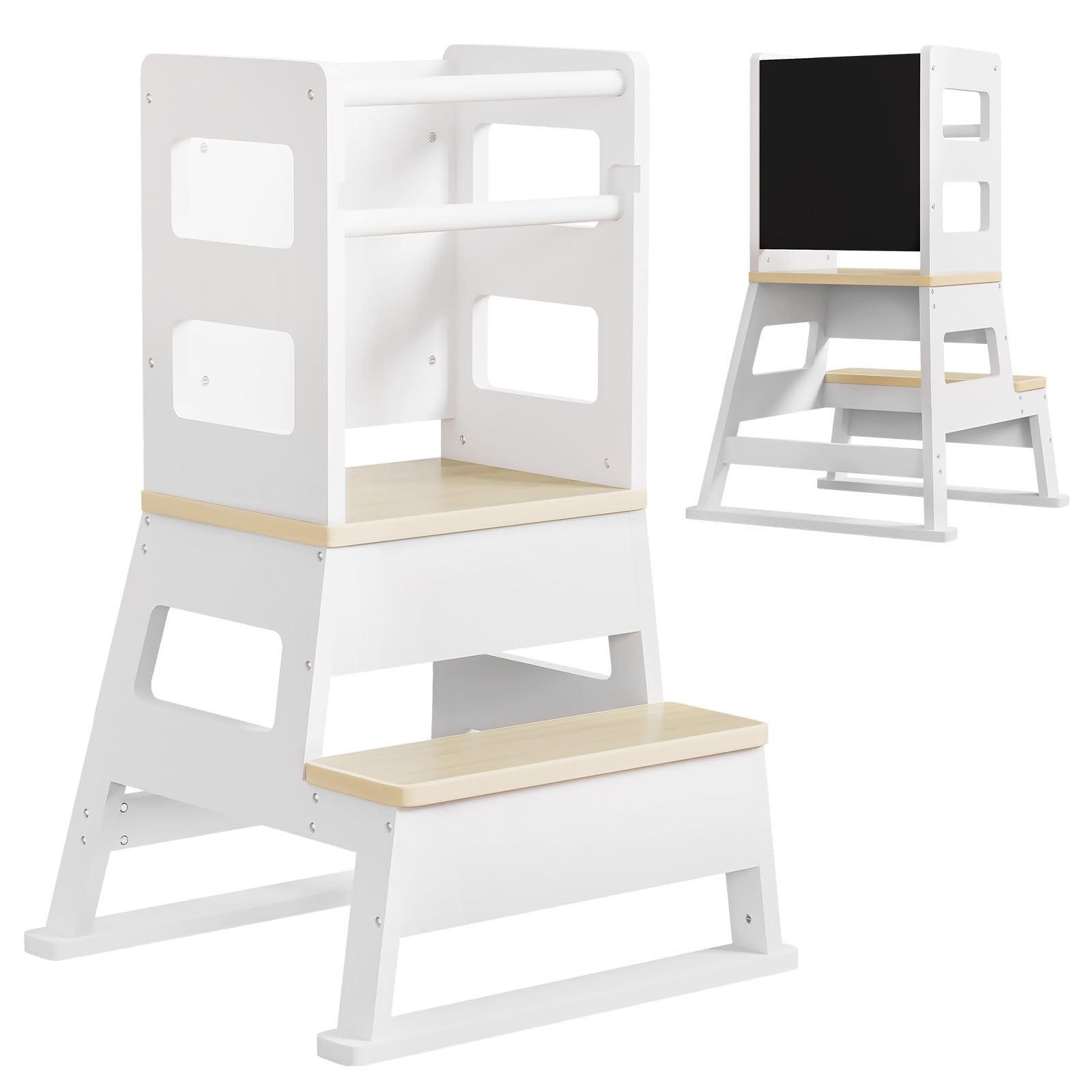 Yorbay Torre de aprendizaje para niños a partir de 1 año: elegante Torre de aprendizaje con pizarra, sólida Montessori Torre de aprendizaje para niños, con 2 niveles y barra de seguridad, para cocina