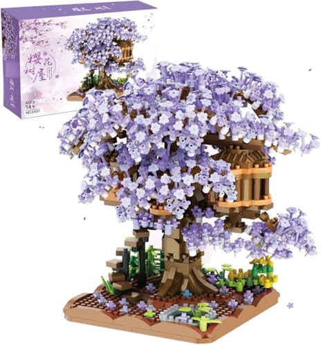 Tirff Kirschblüte Baumhaus, Sakura Bonsai Baum Bausatz, 12580 Klemmbausteine Sakura Baumhaus Modellsets für Erwachsene, DIY Kreatives Botanik Kollektion Deko Geschenk Nicht Kompatibel mit Lgo (Lila)