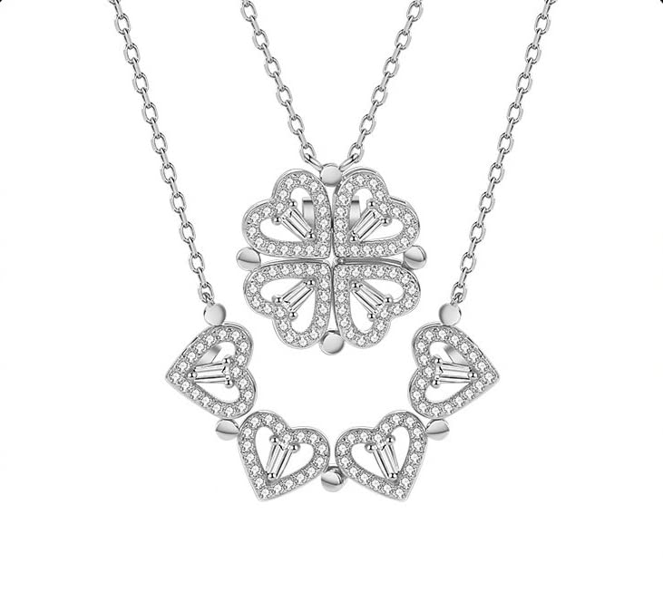 GenericS925 Sterling Silver Heart-shaped Folding Necklace with Clavicle Chain Love Heart Four-leaf Clover Pendant Female Full Diamond