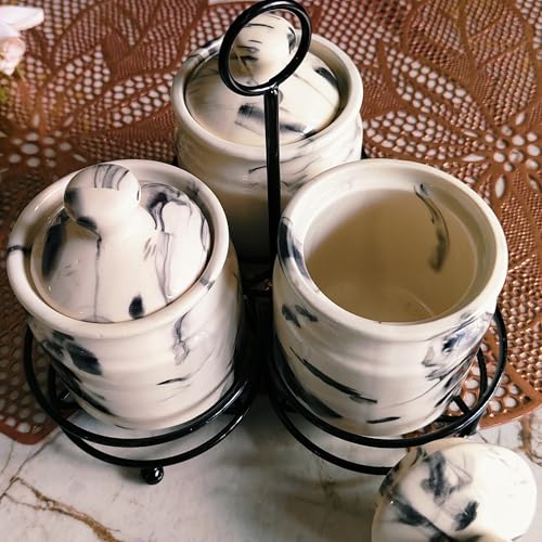 Image of Niyara Handcrafted Ceramic Pickle Jar Set, Premium Metal Tray, Spoons & Lids - Multipurpose Storage for Pickles, Chutneys, Spices & Condiments (Set of 3, 300ML /Each) (Marble design)