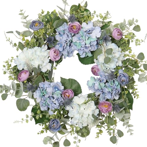 Zhemobang 22 Inch Hydrangea Wreath for Front Door Decor UV Resistant Spring Floral Wreath with Blue & Purple Flowers Waterproof Summer Porch Display & Everyday Wreath