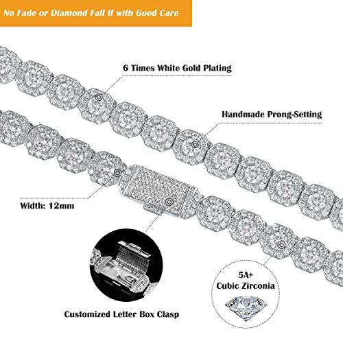 12mm Tennis Chain for Men Women Necklace White Gold Plated Clustered Iced Out Cuban Link Choker, 5A+ CZ Diamond Hip Hop Jewelry Birthday Christmas Wedding Gift (with Box & Pouch)2