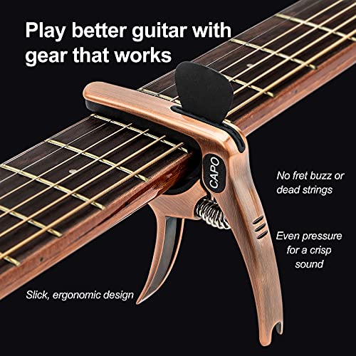 Guitar Capo, 3-In-1 Multifunction Capo For Acoustic And Electric Guitars (Free Bonus 4 Picks) With Pick Holder And Pin Puller, Guitar Accessories, Bronze Color #TOP6