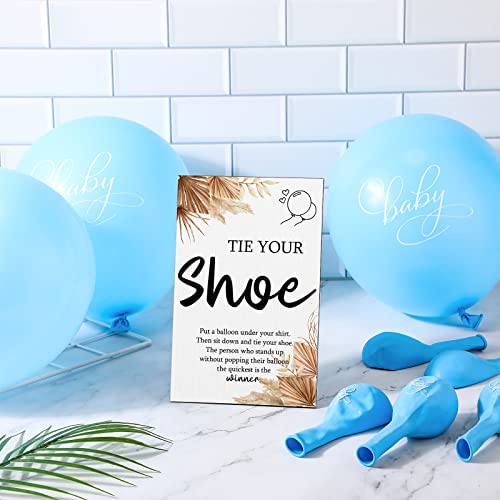 Image of Roowest 51 Pcs Tie Your Shoe Baby Shower Game Sign Wooden Sign Greenery Gift Sets Gender Reveal Party Favors 50 Balloons Latex Balloons for Game Wedding Supplies(Blue,Boho)