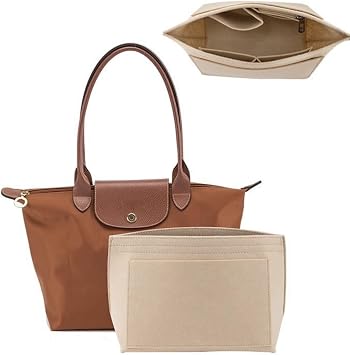Bag Insert Organizer, Purse Insert Organizer With Zipper,Multi-Pocket Felt Handbag Organizer for Insert Wallet Organize, Folding Tote Bag organize for Longchamp (Beige, L) (Pack of 2)