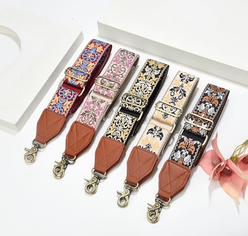 Image of LEMEDE Purse Strap,2 inch Leather End Shoulder Strap Adjustable Replacement,Retro Jacquard Multi-pattern Crossbody Bag Straps