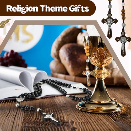12 Set Wooden Bead Rosary Necklace Catholic Rosary Wood Carved Solid Beads with Jesus Cross Our Father with Velour Gift Pouch Baptism Favors Catholic Gift(Multicolor)4