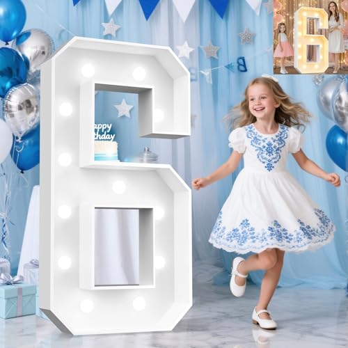 Image of Pooqla 4 FT Light Up Marquee Numbers 6, Cool White and Warm White LED Large Lighted Marquee Numbers, Giant Mosaic Light Up Numbers for 6th 16th 60th Birthday Party Decorations