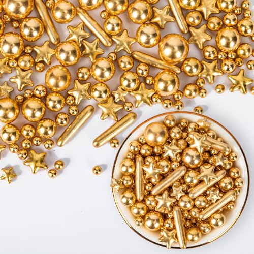 Gold Pearl Sprinkles,Edible Pearl Stars Rods Sugar Candy,Mix Size,Baking Cake Decorations,Cupcake Toppers,Cookie Donuts Ice Cream,Holiday,Birthday Wedding Party Valentine's Day Easter Supplies,130g/4.58oz