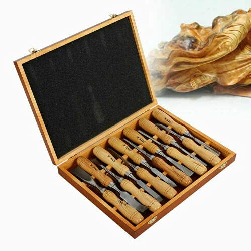 Cincel para tallar Madera, Juego de gubias, Kit de Herramientas manuales para tallar Profesional, 12 Piezas para Principiantes, Aficionados y Profesionales