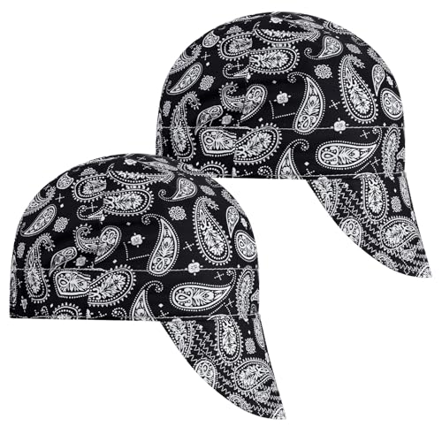 Image of Janmercy 2 Pcs Welding Caps for Men Flame Resistant Cotton Welding Hat Welder Caps Liner Low Crown Elastic, 6 7/8-7 3/8 (Paisley,Black)