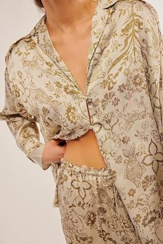 Image of LILTWIST Silk Satin Pajamas Set for Women 2 Piece Floral Pjs Wide Leg Lounge Pants Set Long Sleeve Button down Pj Shirts Set