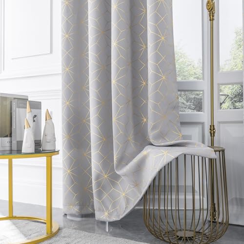 Beauoop 100% Blackout Curtains 108 Inches Long for Bedroom Living Room Moroccan Gold Patterned Drapes Thermal Insulated Grommet Top Window Treatment Panels Set of 2, Grey/Gold by Beauoop - Image 3