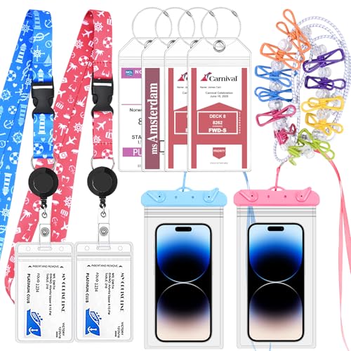 Cruise Ship Essentials 2025, 4 Cruise Luggage Tag Holders, 2 Retractable Cruise Lanyard, 2 Waterproof Phone Pouch and 1 Travel Clothesline for Cruise Ship, Royal Caribbean, Carnival Cruise Lines - Main Image