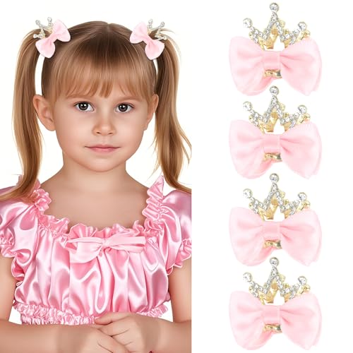 ANBALA 4Pcs Small Hair Claw Clips, Pink Hair Bows for Girls, Princess Crown Clamps for Girls, Cute Metal Sparkly Rhinestone Claw Clips