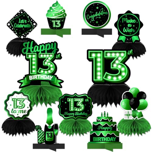 Happy 13th Birthday Green and Black Table Honeycomb Centerpieces Balloons Theme Decor Table Decorations Table Toppers for Girls Women Princess 13 Years Old Birthday Party Bday Supplies Background