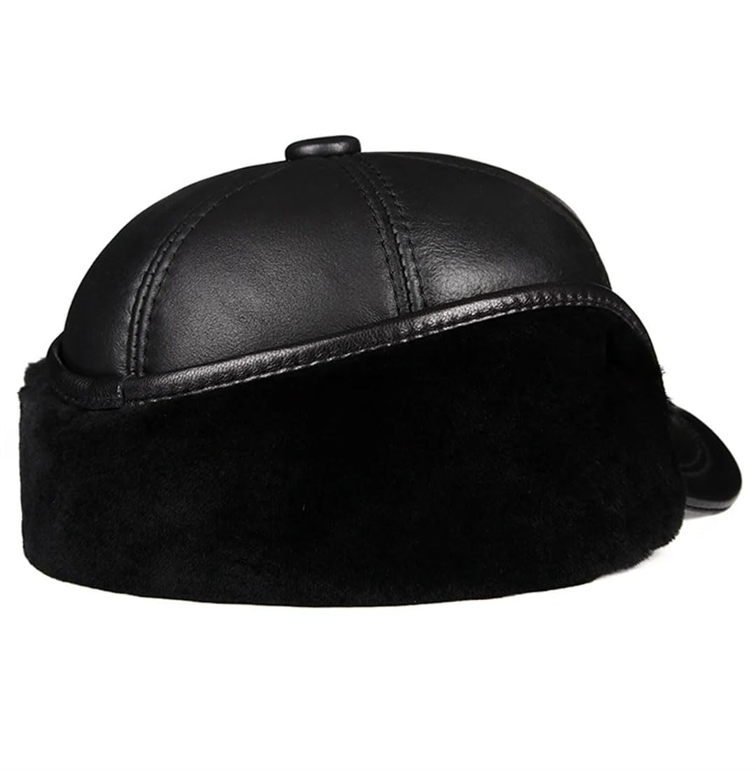 Gorro de invierno para hombre, piel de oveja auténtica, con solapa para las orejas, color negro, cálido y grueso, marrón, 55-56 cm