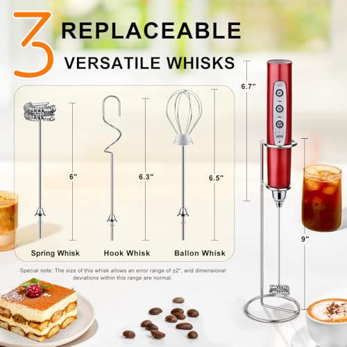 Image of YUSWKO Red Rechargeable Milk Frother for Coffee with Stand, Handheld Drink Mixer with 3 Heads 3 Speeds Electric Stirrers for Latte, Cappuccino, Hot Chocolate, Egg